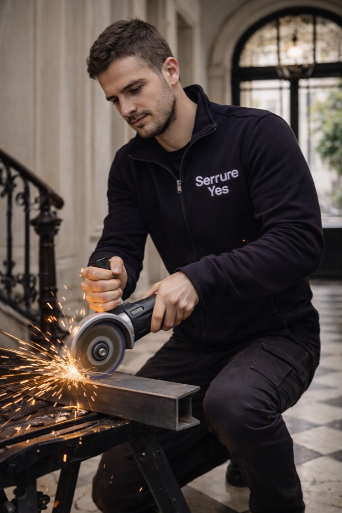 Serrurier Serrure'YES découpant une pièce métallique à l'atelier