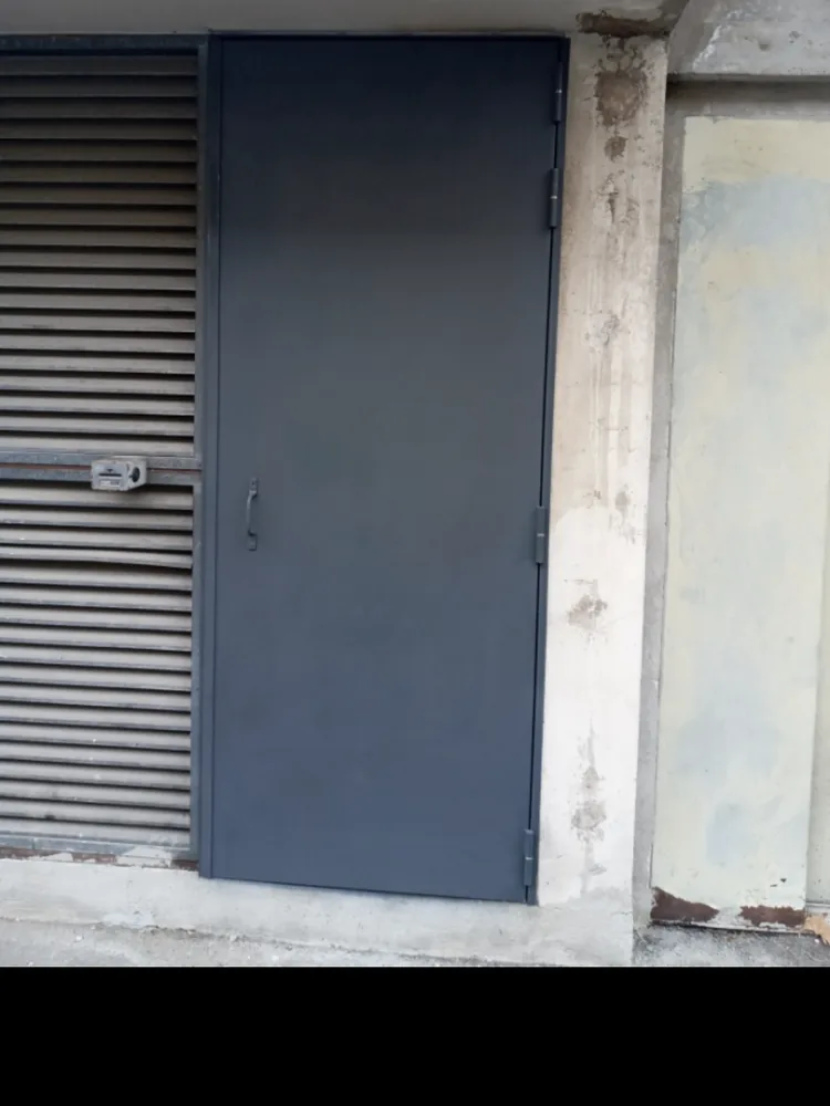 Porte métallique anthracite posée dans une ouverture béton, à côté d'un rideau métallique d'immeuble